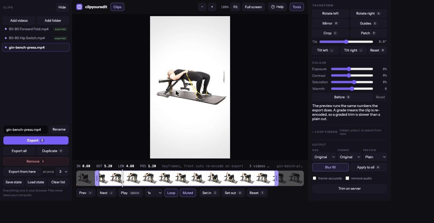The clipyouredit editor with a clip open, the clip list on the left and the tools on the right