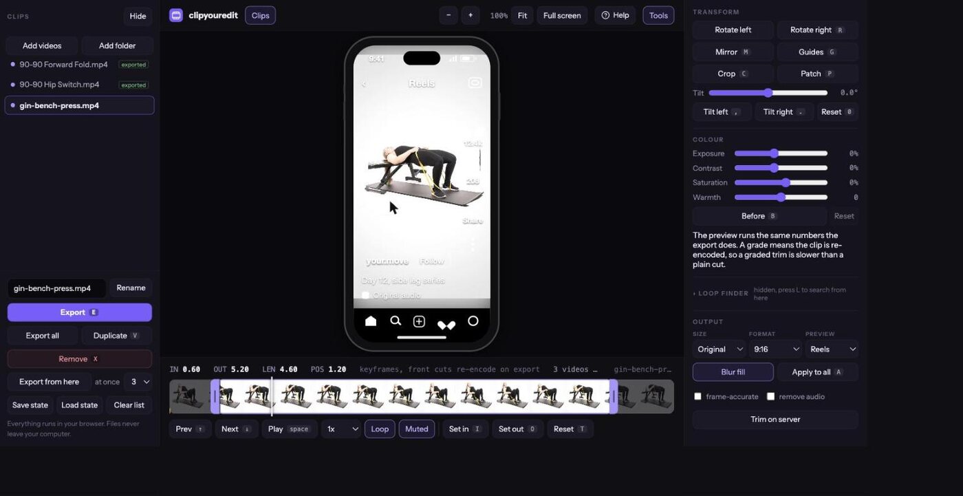 A clip previewed inside an Instagram Reels frame